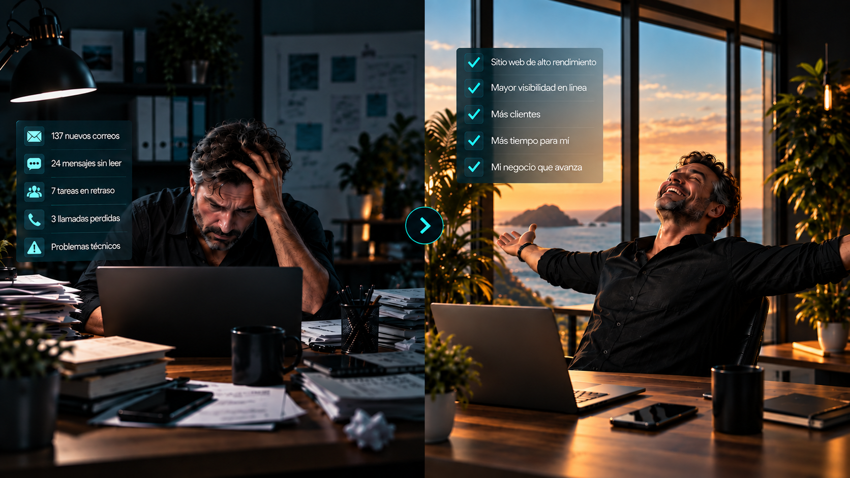 Ilustración antes/después: un empresario desbordado y después más tranquilo, con herramientas digitales al servicio de su negocio.